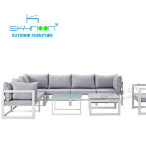 metal fast delivery high end hotel garden 6 seater sofa set with arm L shape corner white aluminum outdoor sofa furniture(32044)