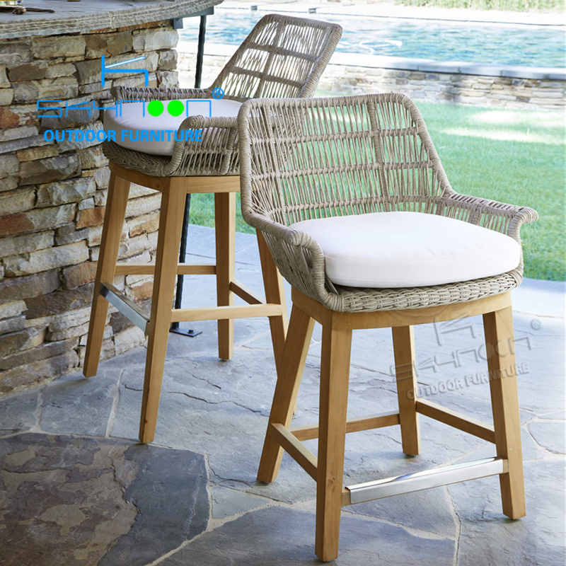 Foshan new furniture patio counter stools luxury designs outdoor bar chair customized modern outdoor woven teak bar stool(94002)