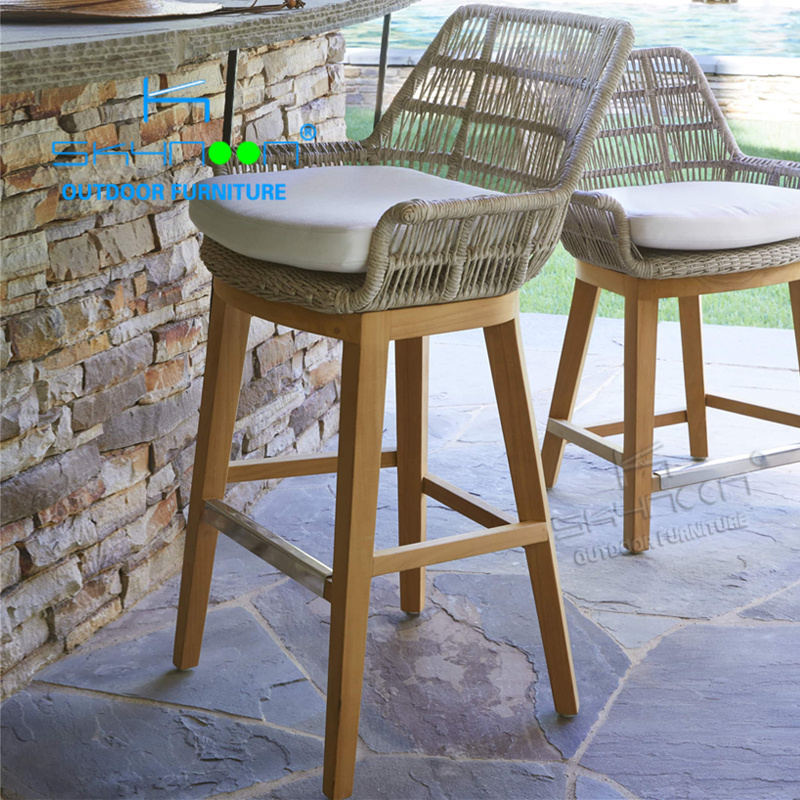 Foshan new furniture patio counter stools luxury designs outdoor bar chair customized modern outdoor woven teak bar stool(94002)