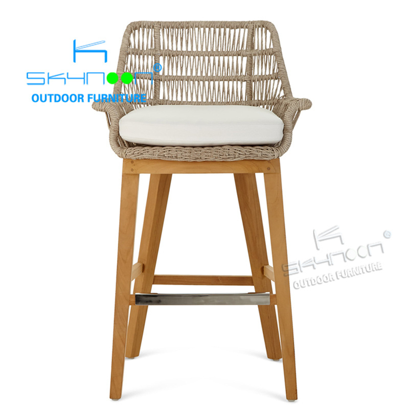 Foshan new furniture patio counter stools luxury designs outdoor bar chair customized modern outdoor woven teak bar stool(94002)