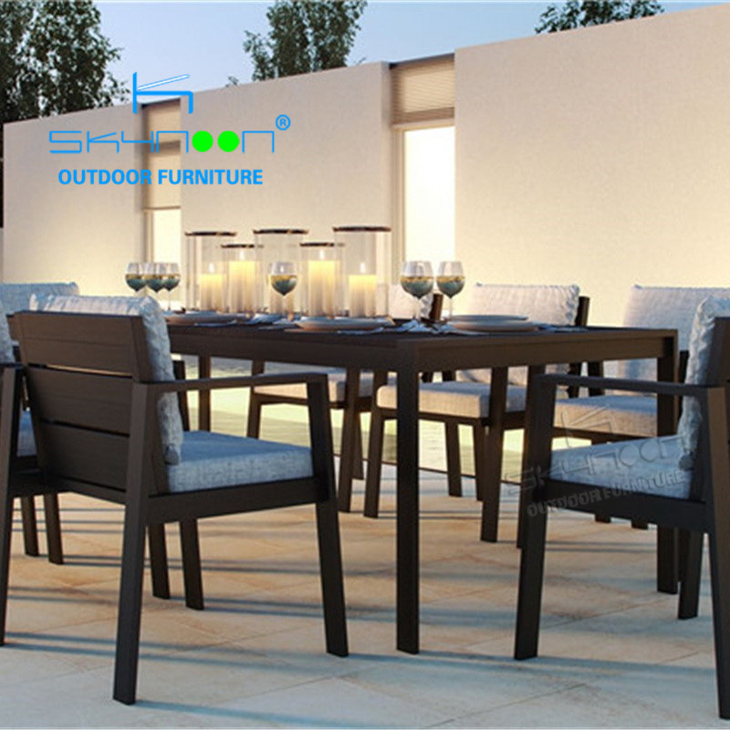 High quality new arrival European patio furniture black aluminum chair table stackable garden dining set with 8 chairs(31020)