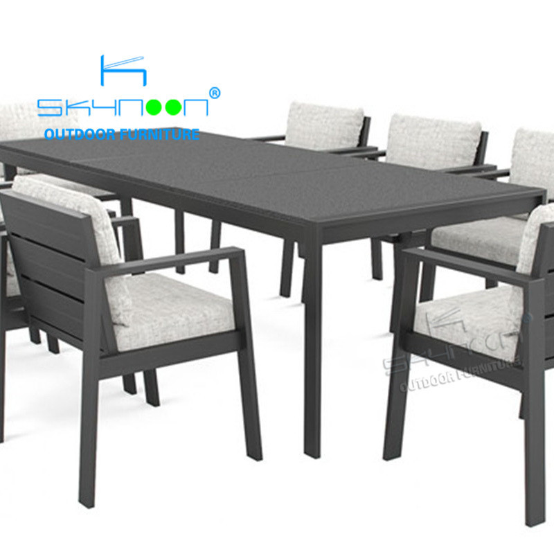 High quality new arrival European patio furniture black aluminum chair table stackable garden dining set with 8 chairs(31020)