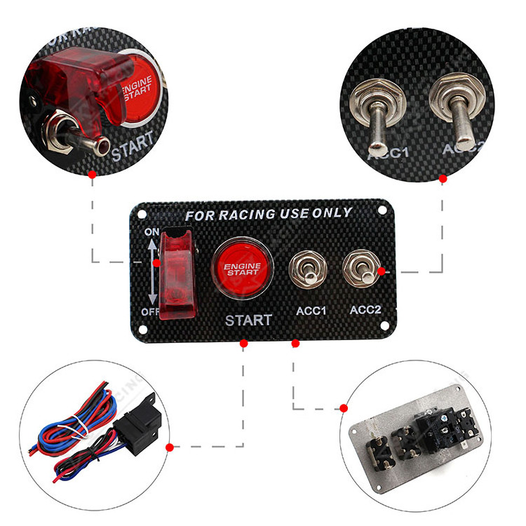 Carbon Fiber Car 12V Red LED Panel Toggle Switch Ignition Engine Start Push Button 2 Toggle Switch Panel