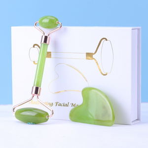 Hot Sales Skin Care Tools Custom resin  Facial Massage Roller green Face Jade Roller Gua Sha  Set with Box  Relieve Fine Lines