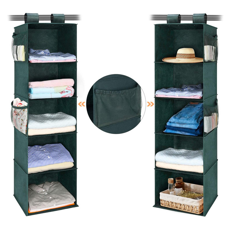 Large Capacity Closet Organizer 5 Shelves with Side Mesh Pockets Wardrobe Hanging Storage Organizer