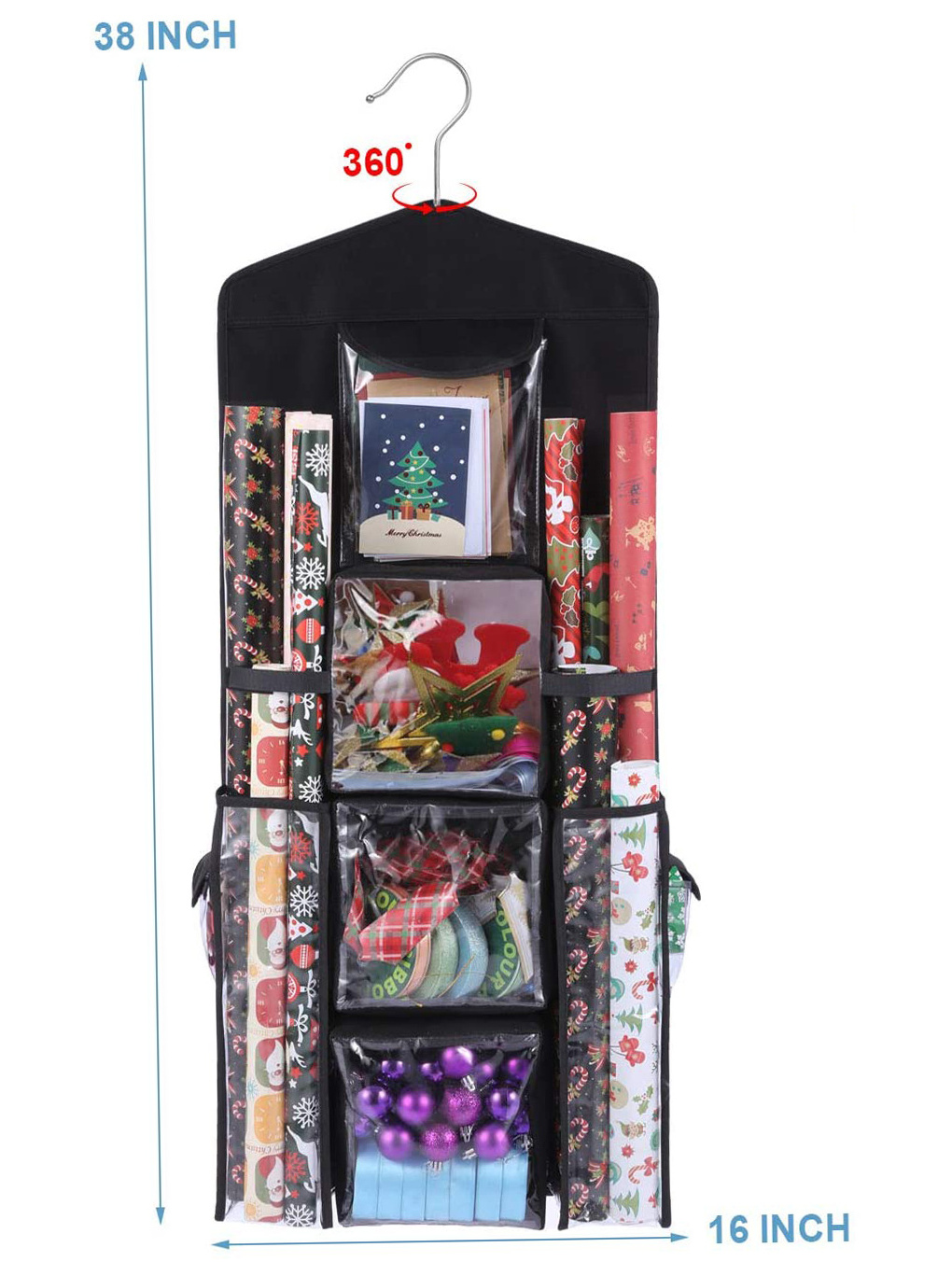 Holiday Wrapping Paper Storage Bag with Metal Hanger Premium Christmas Hanging Gift Wrap Organizer