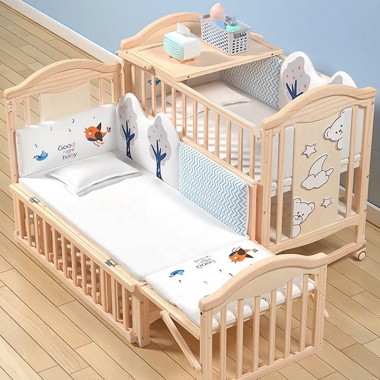 Wholesales Bedside Swing Wooden Baby Twins Bed Crib Babies Sleeping Furniture Cot Set Cradle Bedding Set New Born baby bedside