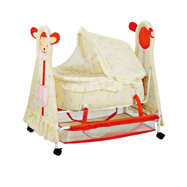 Safety Design Cartoon Printing Baby Beds Cribs Sleeping Baby Swing Cradle With Mosquito Net