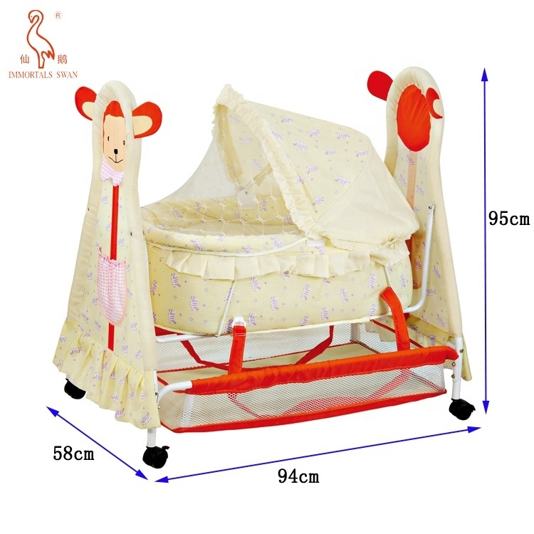 Safety Design Cartoon Printing Baby Beds Cribs Sleeping Baby Swing Cradle With Mosquito Net