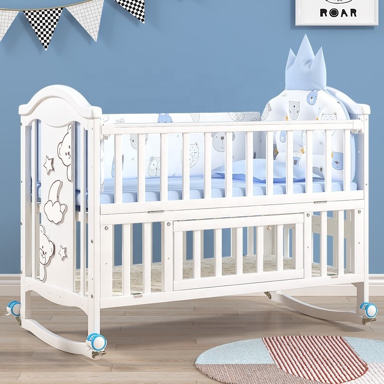 Modern Portable New Born Baby Bed Solid Wood Convertible Baby Crib Kids Bed For 0-8 Years Old Children