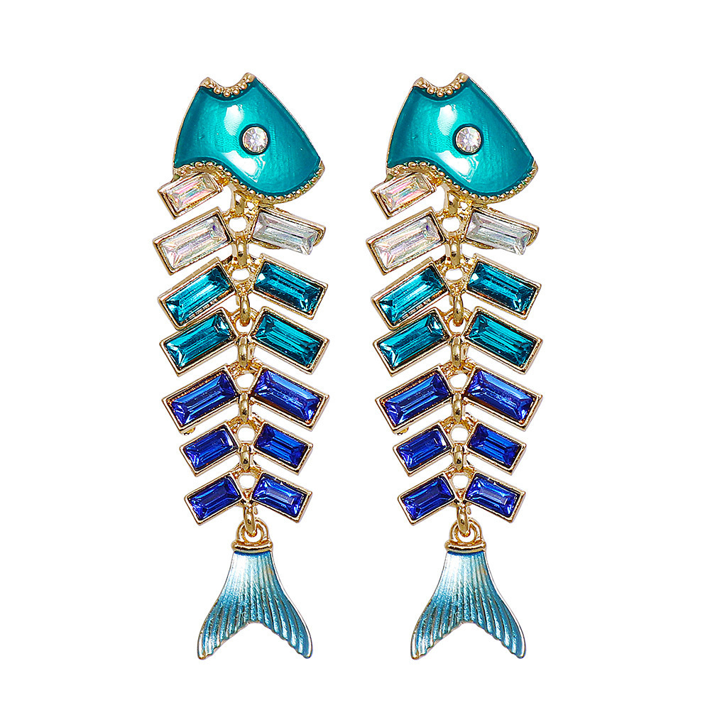 2023 High quality gold plated statement blue fish bone earrings jewelry baguette diamond fish earrings for women