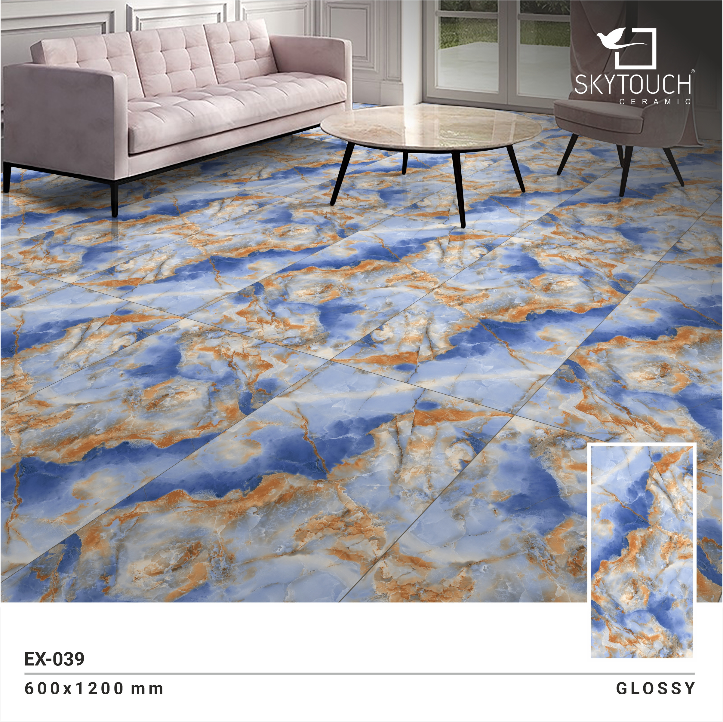 skytouch ceramic glossy brown and blue marble pattern  60x60 home polished glazed floor and wall porcelain tile for hotel