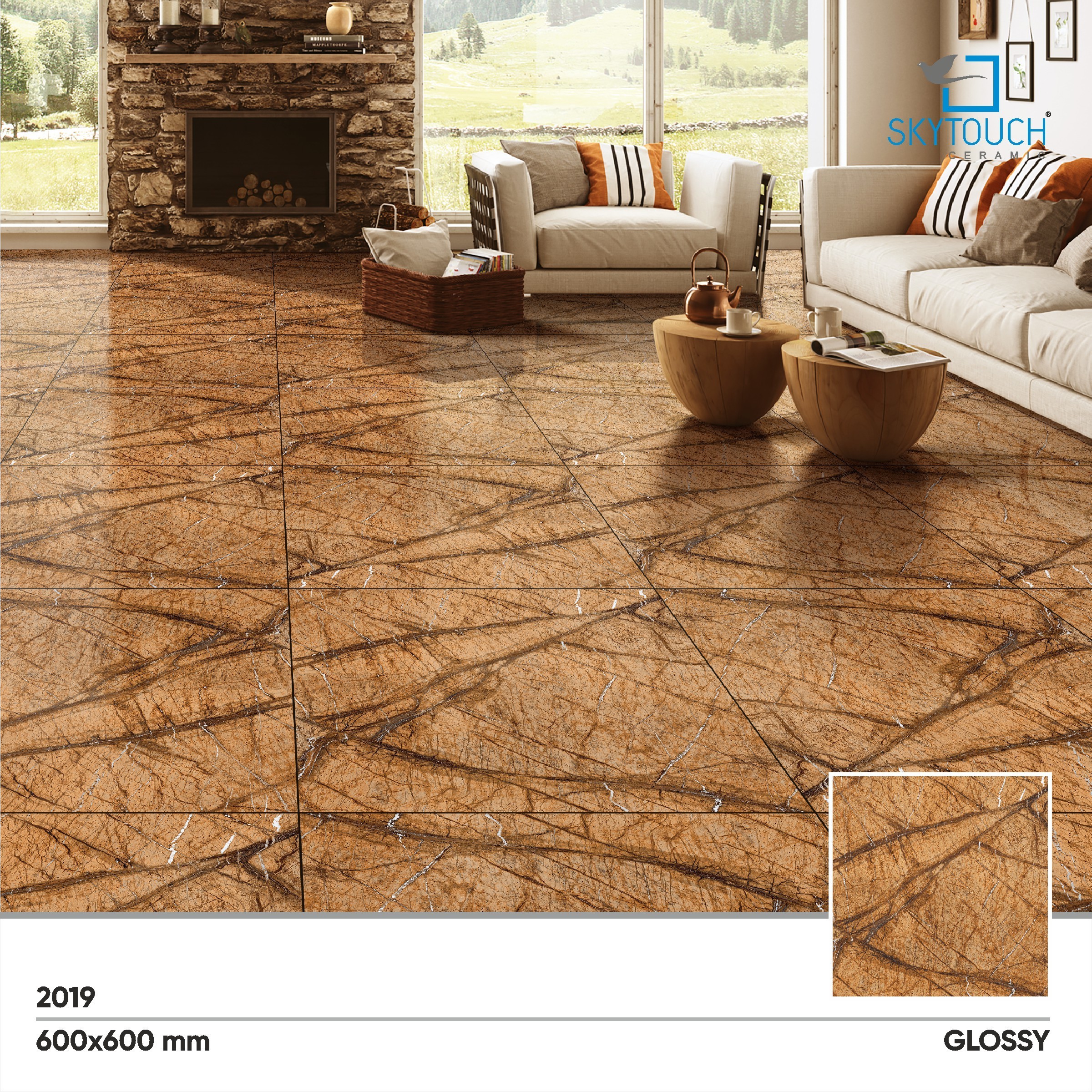 Sky touch ceramic dark beige brown marble porcelain glazed flooring led floor tiles 600x600mm from india