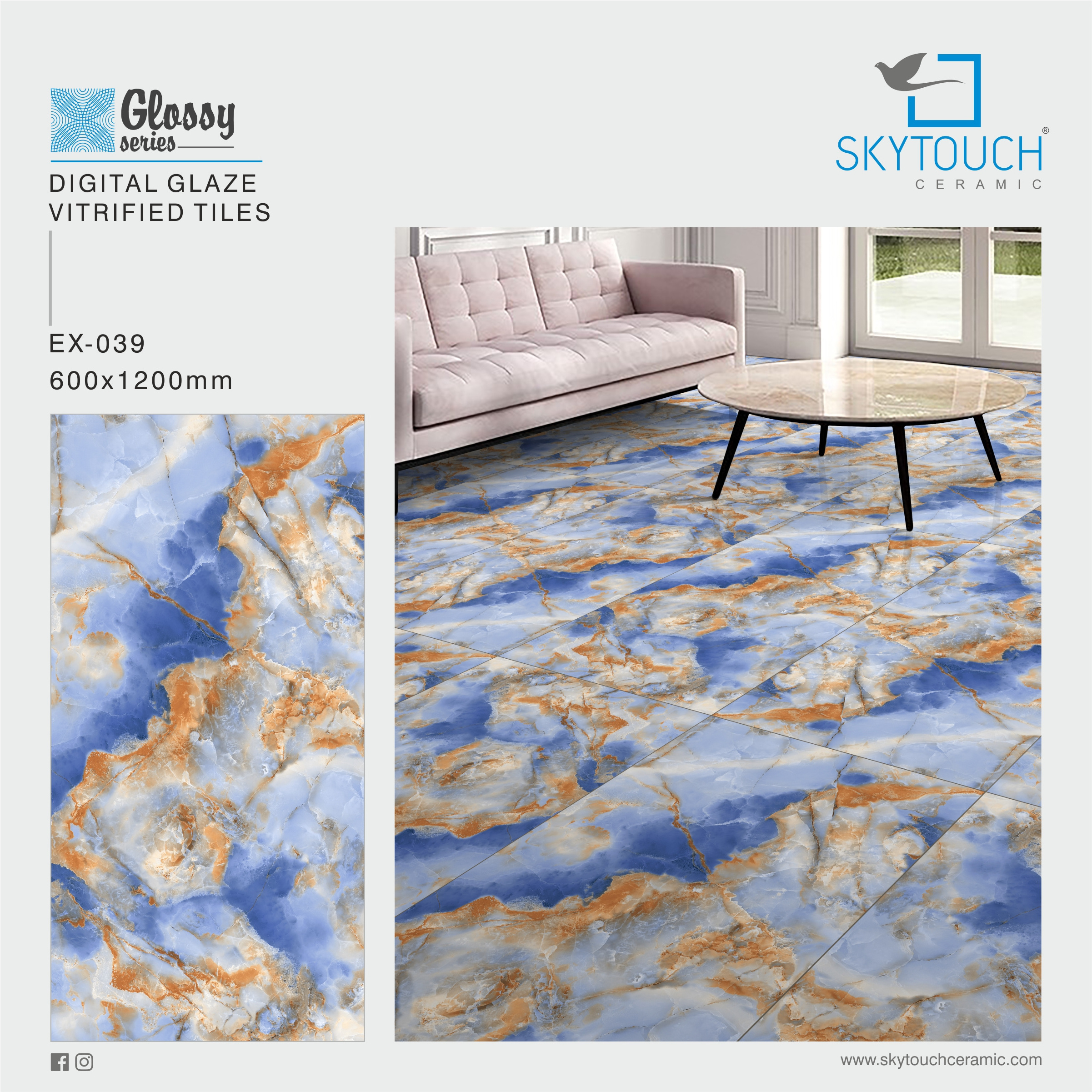 skytouch ceramic glossy brown and blue marble pattern  60x60 home polished glazed floor and wall porcelain tile for hotel