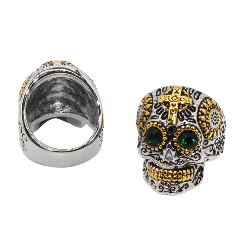 JZ23051 Fashion Jewelry Punk Hip Hop Retro Double Colors Crystal Cross Statement Stainless Steel Skeleton Ring Rings For Men