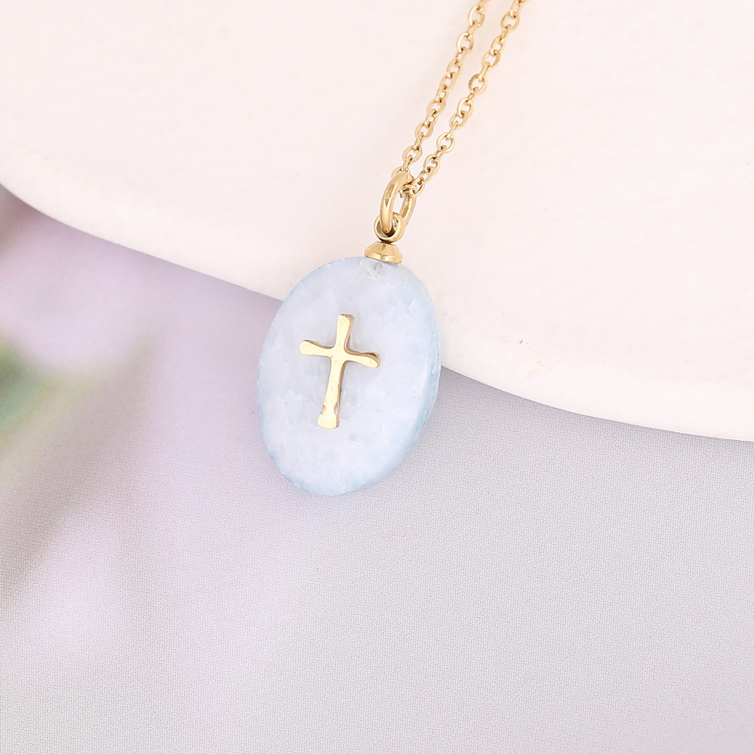 XL23136 New Stainless Steel Chain Link Waterdrop Natural Stone Star Sun Lightning Cross Croix Pendant Necklace Women Men