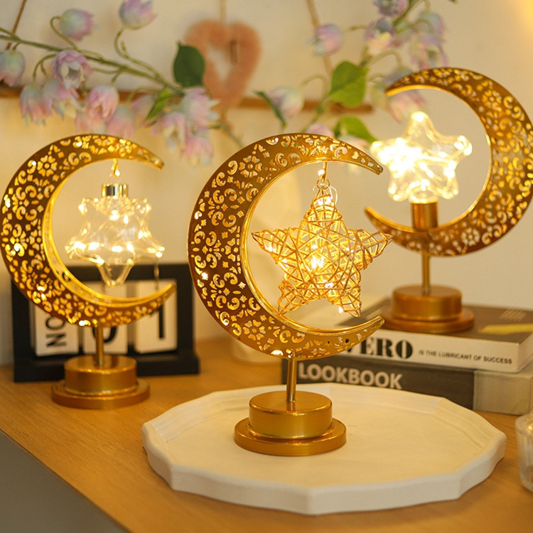 Muslim Gold Iron Crafts Battery Party Eid Mubarak LED Light Star Lamp Decorative Ball Lamp Office Home Decor Bedroom Light Night