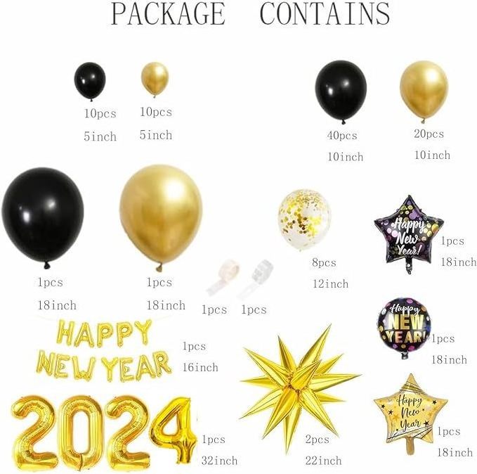 2024 Happy New Years Eve Balloons Garland Kit Decorations Set Explosion Foil Balloons Black Gold Latex Confetti Balloons Y920