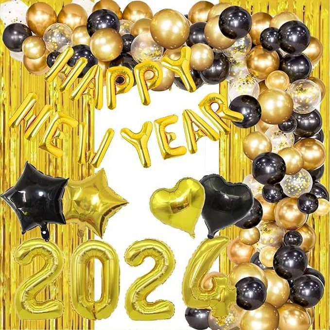 2024 Happy New Years Eve Balloons Garland Kit Decorations Set Explosion Foil Balloons Black Gold Latex Confetti Balloons Y920