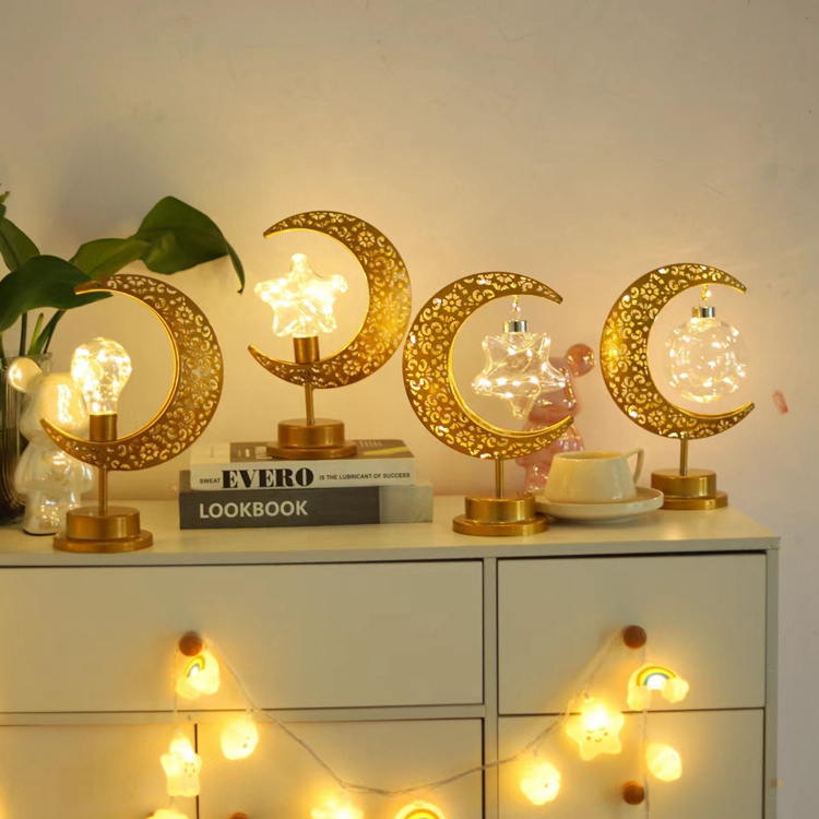 Muslim Gold Iron Crafts Battery Party Eid Mubarak LED Light Star Lamp Decorative Ball Lamp Office Home Decor Bedroom Light Night