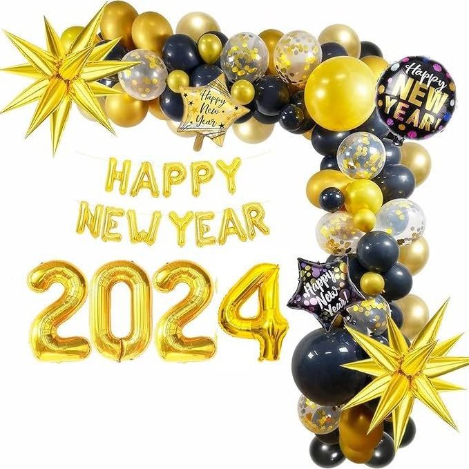 2024 Happy New Years Eve Balloons Garland Kit Decorations Set Explosion Foil Balloons Black Gold Latex Confetti Balloons Y920