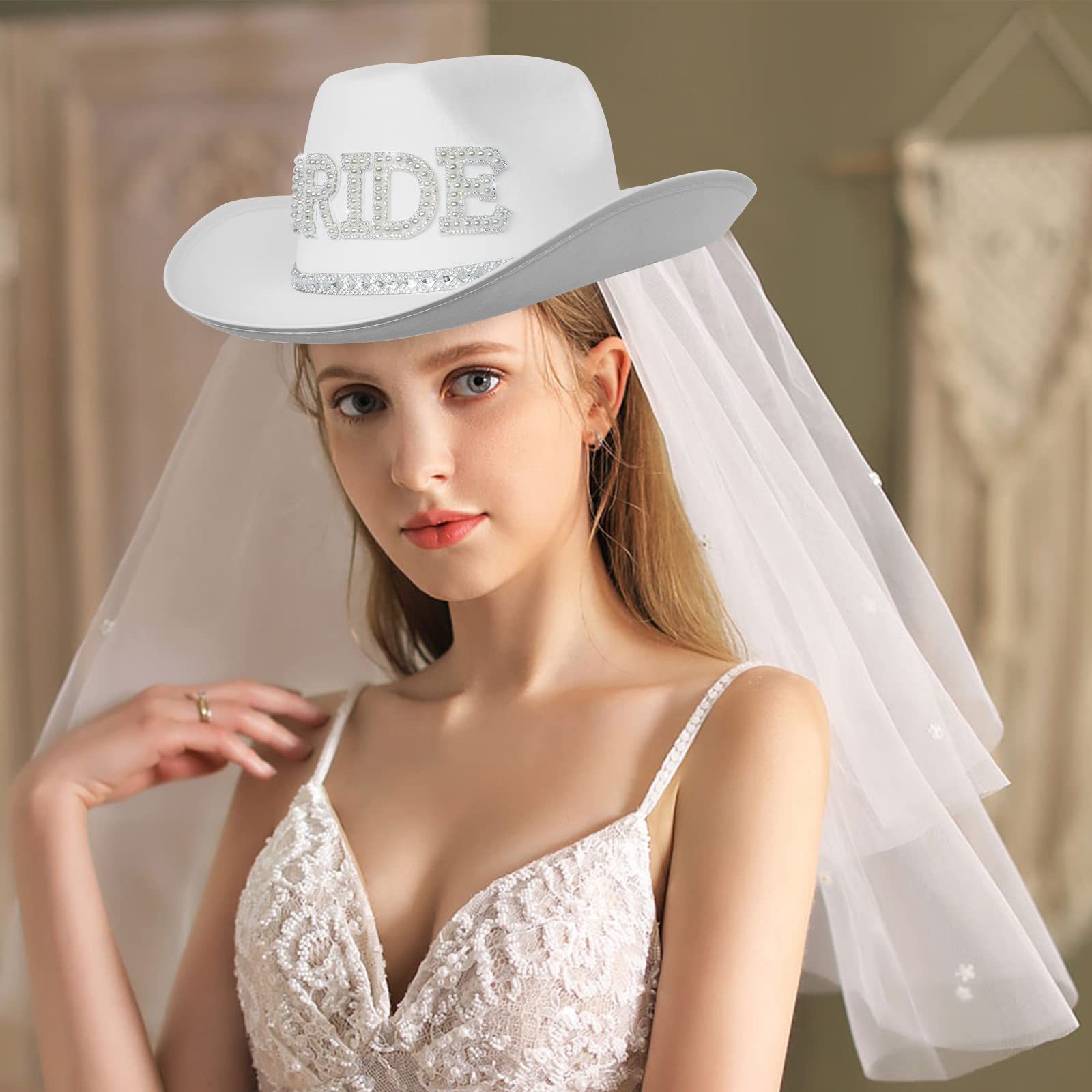 Bridal Cowgirl Hat for Bachelorette Party Rhinestone White Cowboy Hat for Women Bride To Be Gift Halloween Costume Y936