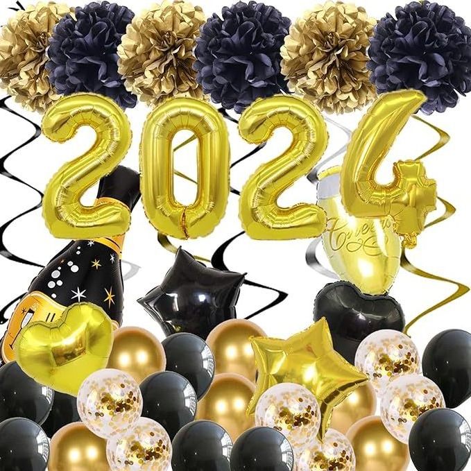 2024 Happy New Years Eve Balloons Garland Kit Decorations Set Explosion Foil Balloons Black Gold Latex Confetti Balloons Y920