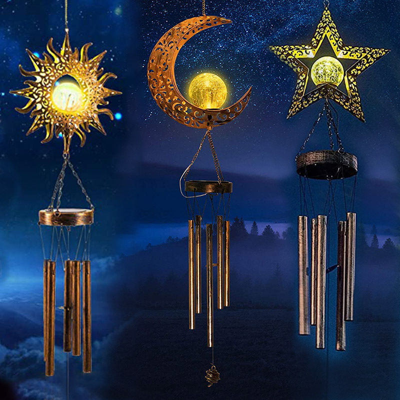 Solar Wind Chimes Moon Hanging Outdoor Decor Crackle Glass Ball Warm Memorial Wind Chimes Light Patio Lawn Yard Gifts J122