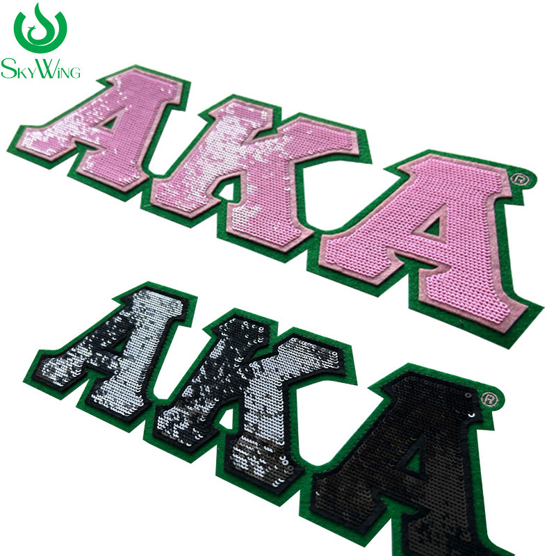 Custom Embroidered Stylish AKA Sorority Sequin Letters Pink and Green DST Delta 1913 Sorority Number Iron Patch for Jacket