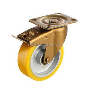 8 inch swivel plate type caster with brake heavy duty PU castors wheel 200mm big size high load industrial locking caster