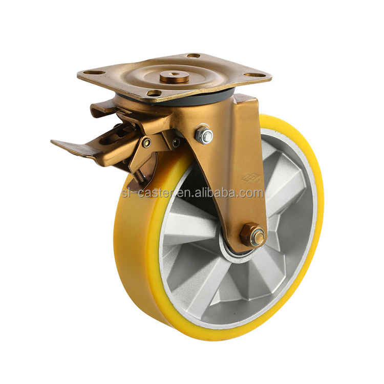 100mm Rigid type industrial caster wheel yellow zinc plating 80-200mm PU wheel medium heavy duty pressed trolley castor