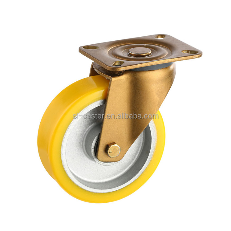 100mm Rigid type industrial caster wheel yellow zinc plating 80-200mm PU wheel medium heavy duty pressed trolley castor