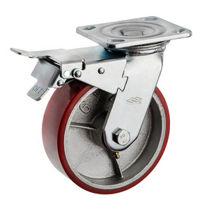 Good quality  8inch PU industrial caster with locking 8" POLYURETHANE wheels 200mm total brake heavy duty industrial caster