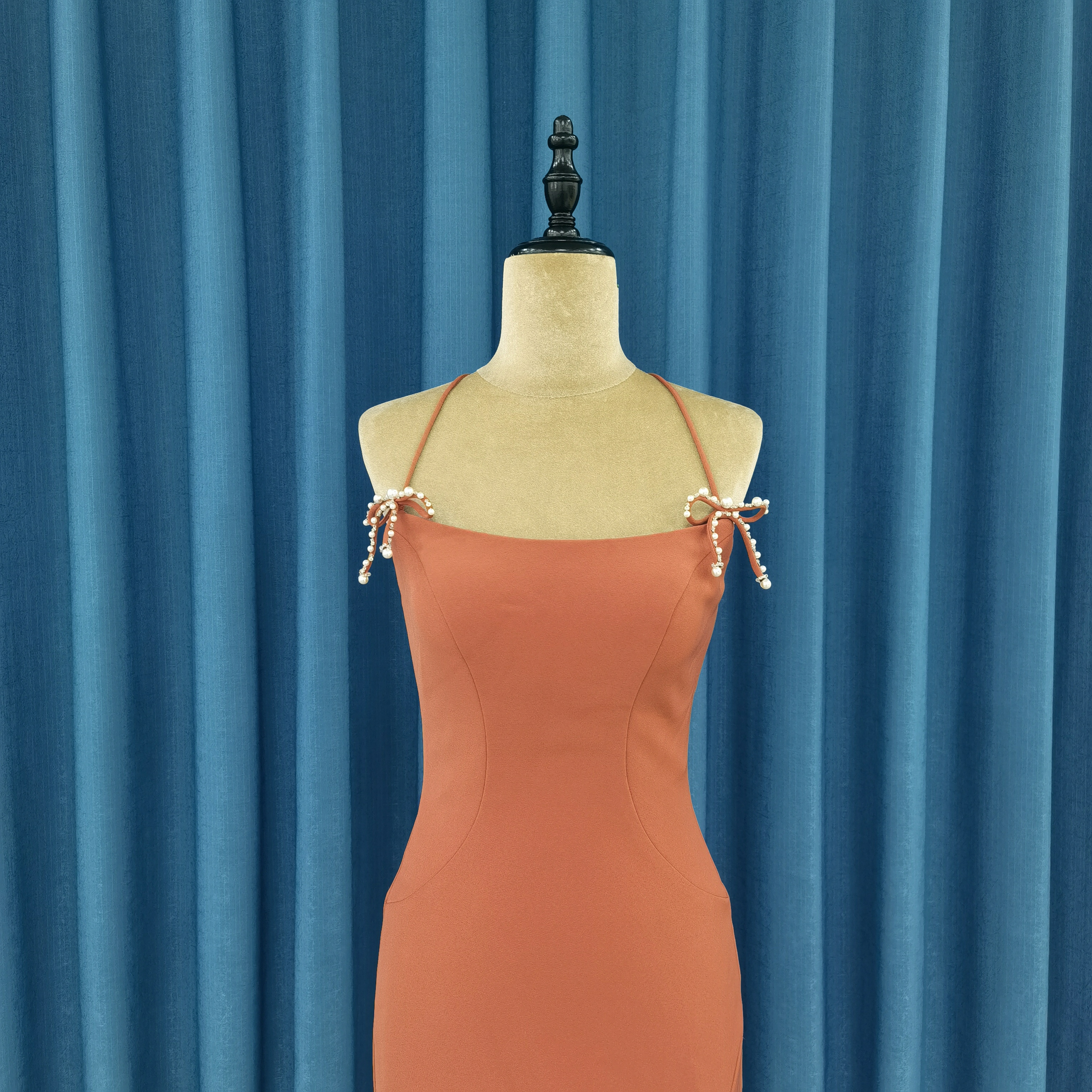 Stylish Orange Bustier Comfortable Satin Spaghetti Straps Slit Sexy Women's Party Evening Cocktail Dress