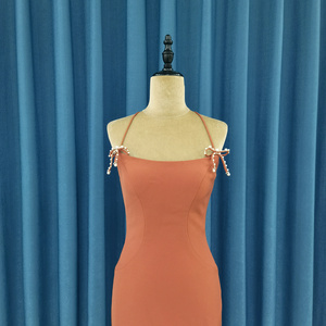 Stylish Orange Bustier Comfortable Satin Spaghetti Straps Slit Sexy Women's Party Evening Cocktail Dress