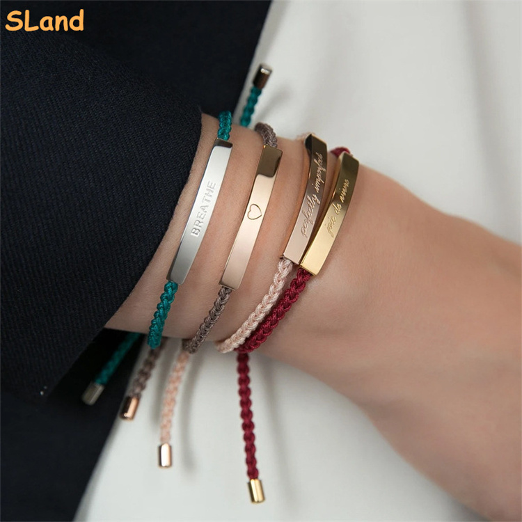 SLand Jewelry wholesale handmade braided cotton cord bracelet with custom LOGO friendship inspiration stainless steel charm