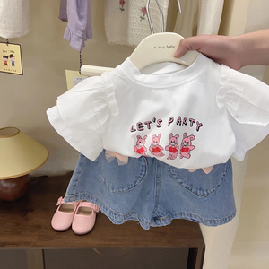 Girls' Summer Clothes 2023 New Korean Children's Cartoon Versatile Cotton Small Flying Sleeve Top Foreign Denim Shorts Set