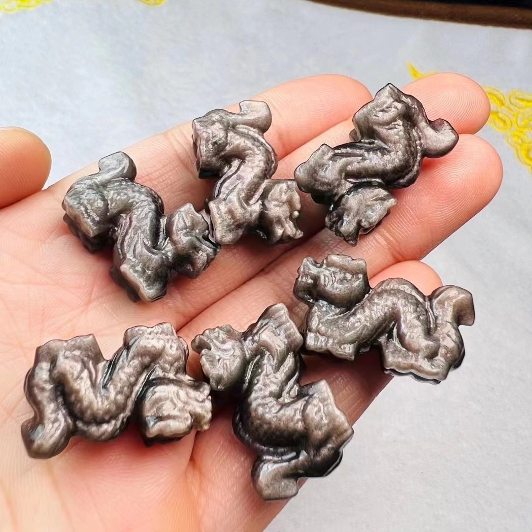 Handing Craft Crystals Healing Stones Natural silver obsidian Carving Crystal dragon silver obsidian dragon