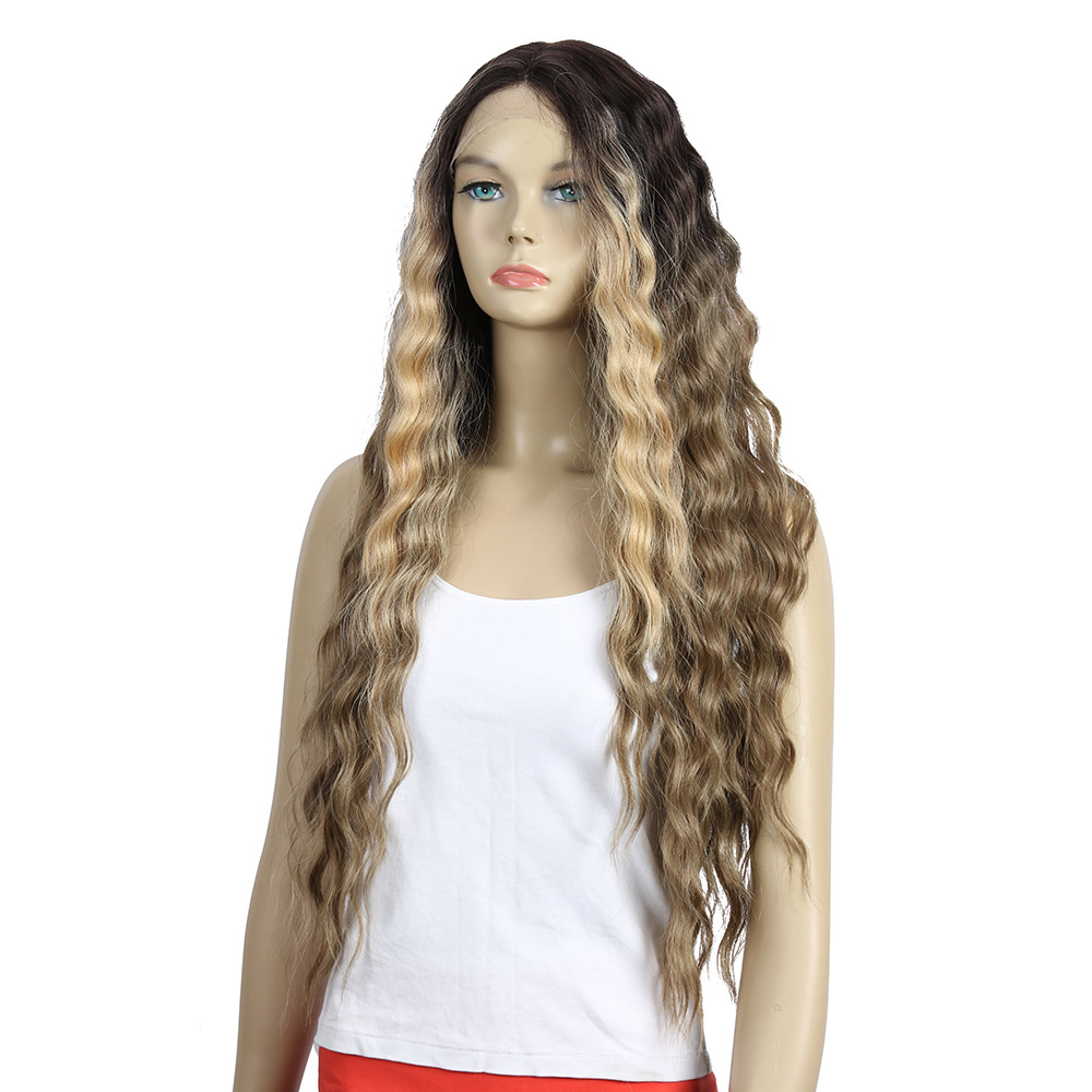 Ombre Hair Color 28 Inch Long Wavy Wig Middle Part Lace Wigs For Black Woman Synthetic Wig With Lace Front