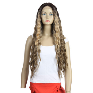 Ombre Hair Color 28 Inch Long Wavy Wig Middle Part Lace Wigs For Black Woman Synthetic Wig With Lace Front