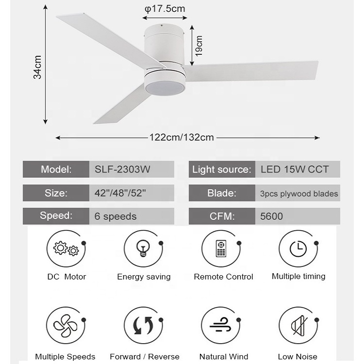 Modern 42 Inch 48 Inch 52 Inch 3 Blades Dc Motor Tuya Wifi Voice Control Smart Mute Bldc Led Ceiling Fan With Light