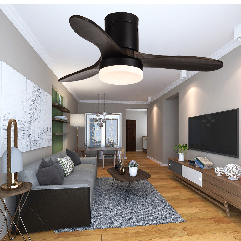 Hotel project flush mount solid wood ceiling fan with light wooden ceiling fans with remote control