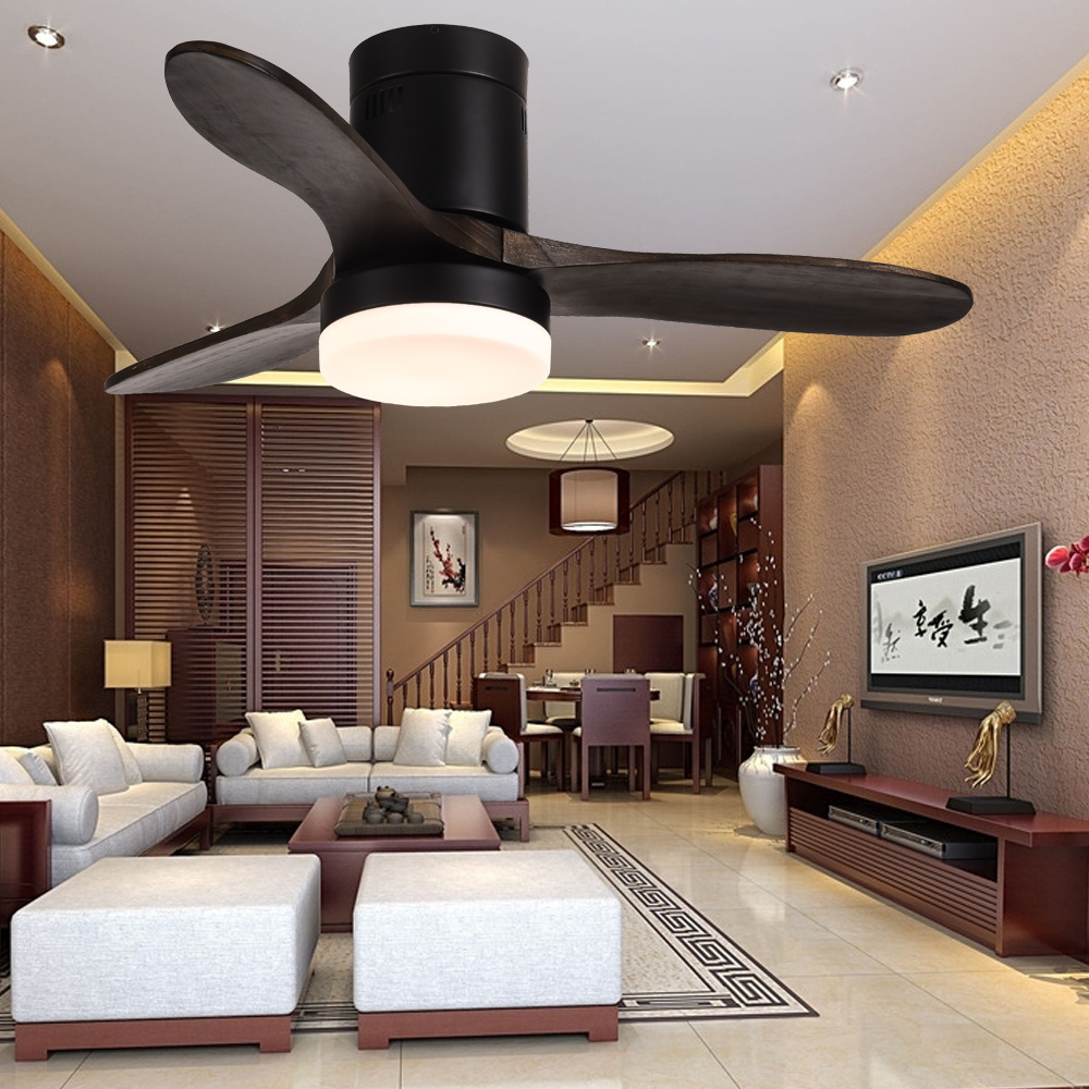 Hotel project flush mount solid wood ceiling fan with light wooden ceiling fans with remote control