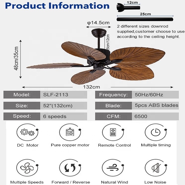 Household 52 Inch Palm Leaf ABS 5 Blades DC Motor Modern Home Decor Mute Bldc Remote Control Ceiling Fan