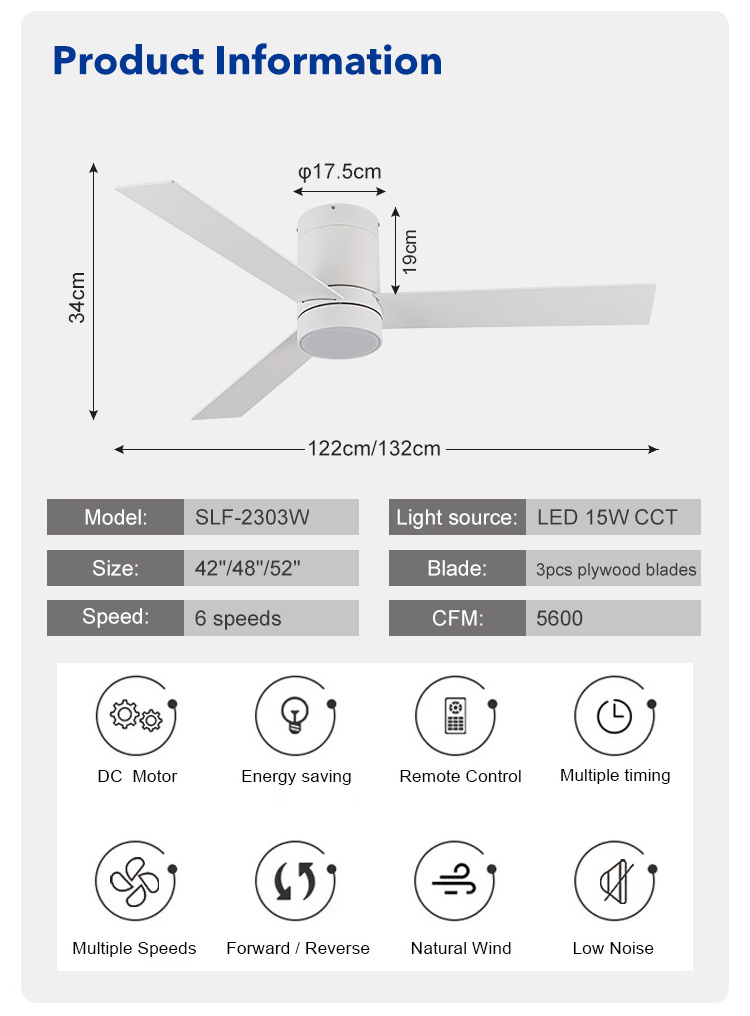 Modern 42 Inch 48 Inch 52 Inch 3 Blades Dc Motor Tuya Wifi Voice Control Smart Mute Bldc Led Ceiling Fan With Light