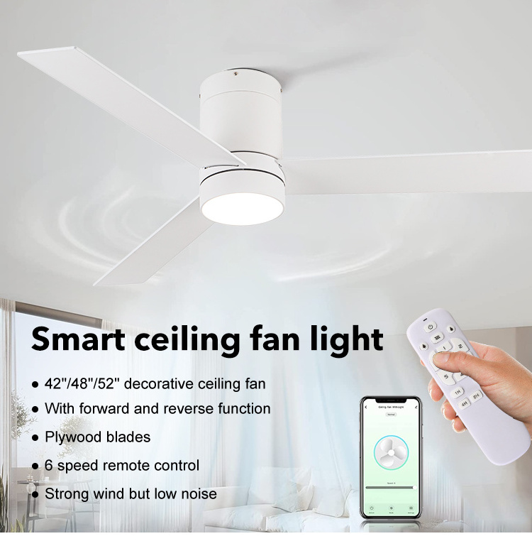 Modern 42 Inch 48 Inch 52 Inch 3 Blades Dc Motor Tuya Wifi Voice Control Smart Mute Bldc Led Ceiling Fan With Light