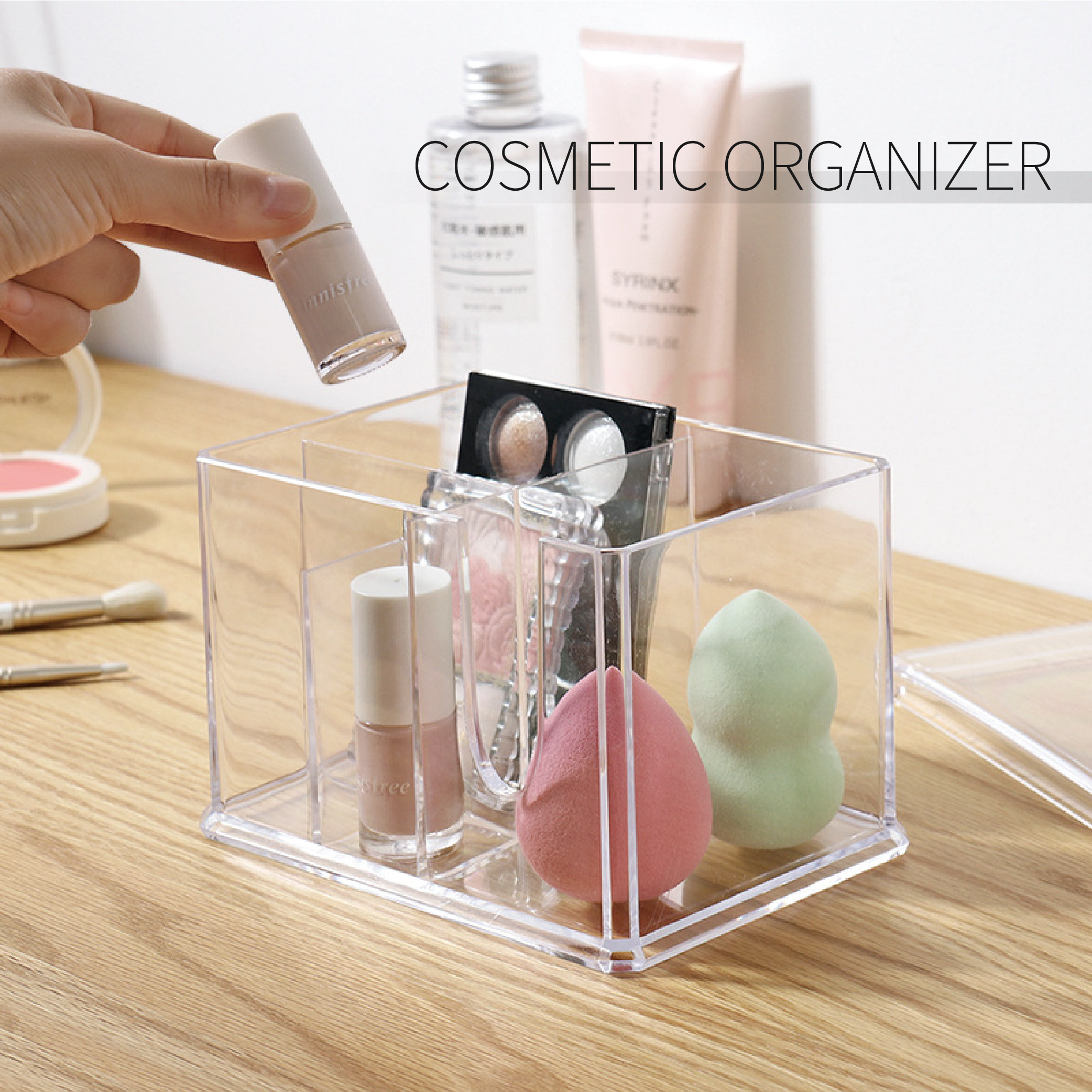 PS Acrylic Makeup Organizer Cotton Swab Ball Bud Holder with Bamboo Lids for Cotton Pad Hair Band Cosmetic Organizer