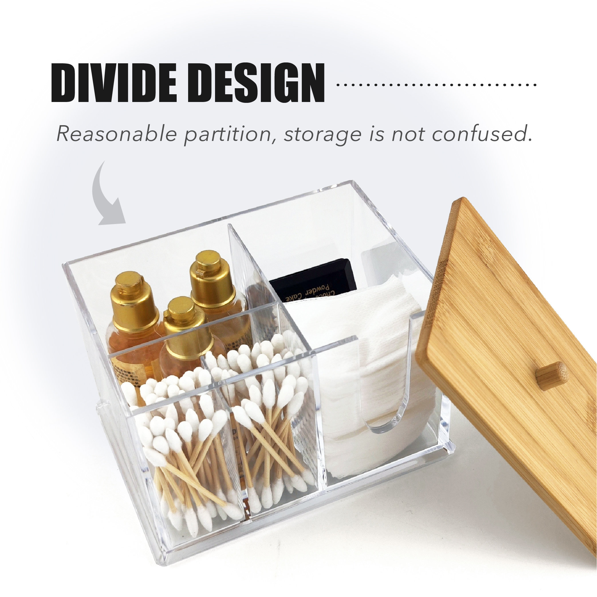 PS Acrylic Makeup Organizer Cotton Swab Ball Bud Holder with Bamboo Lids for Cotton Pad Hair Band Cosmetic Organizer