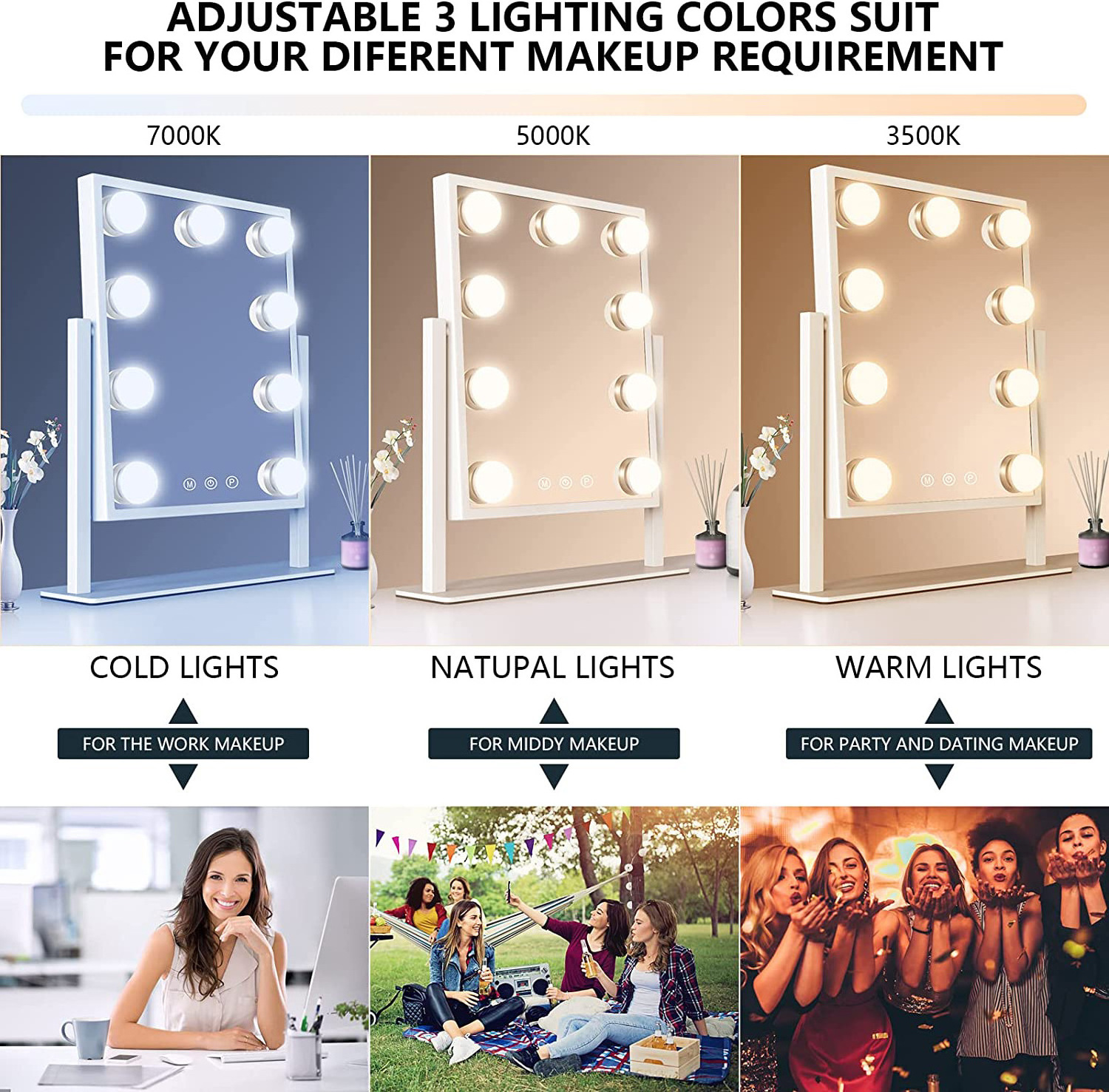 Factory Customized Tabletop Vanity Makeup Mirror with Lights Hollywood Mirror with 9/12 Dimmable LED Bulbs 3 Color Lighting