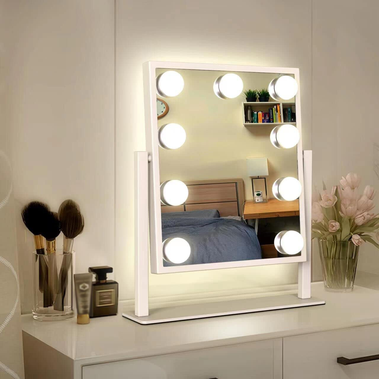 Factory Customized Tabletop Vanity Makeup Mirror with Lights Hollywood Mirror with 9/12 Dimmable LED Bulbs 3 Color Lighting